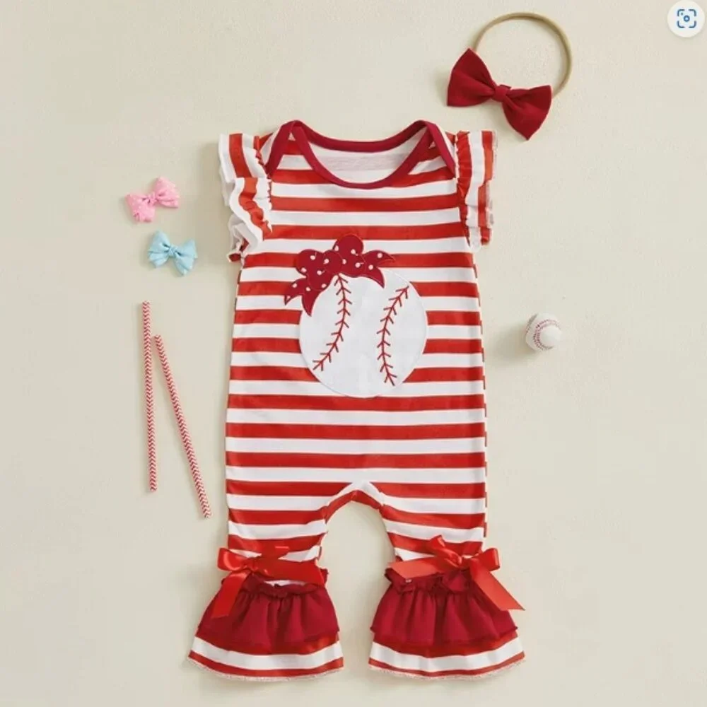 Baseball Baby Girls Sleeveless Ruffle Romper Jumpsuit